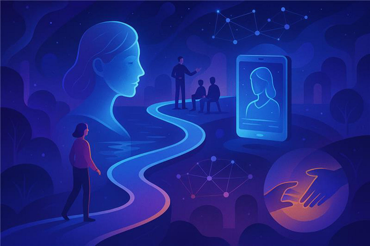 Illustration in Blautönen: Person auf einem geschwungenen Weg, Kommunikation und helfende Hände symbolisieren Verbindung