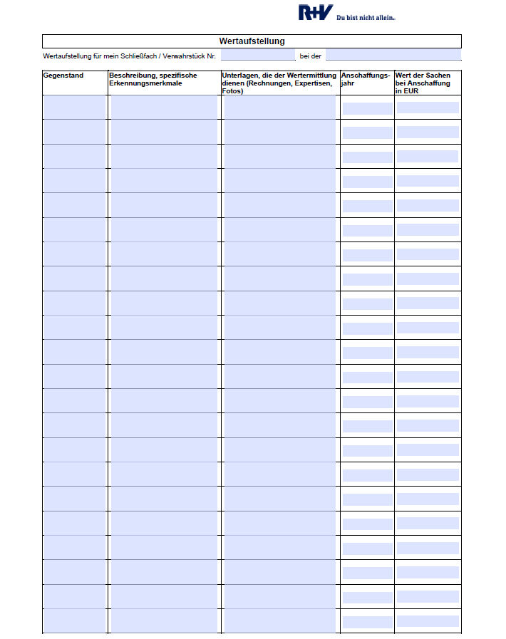 Wertaufstellung für die Bankschließfächer von der R+V.
