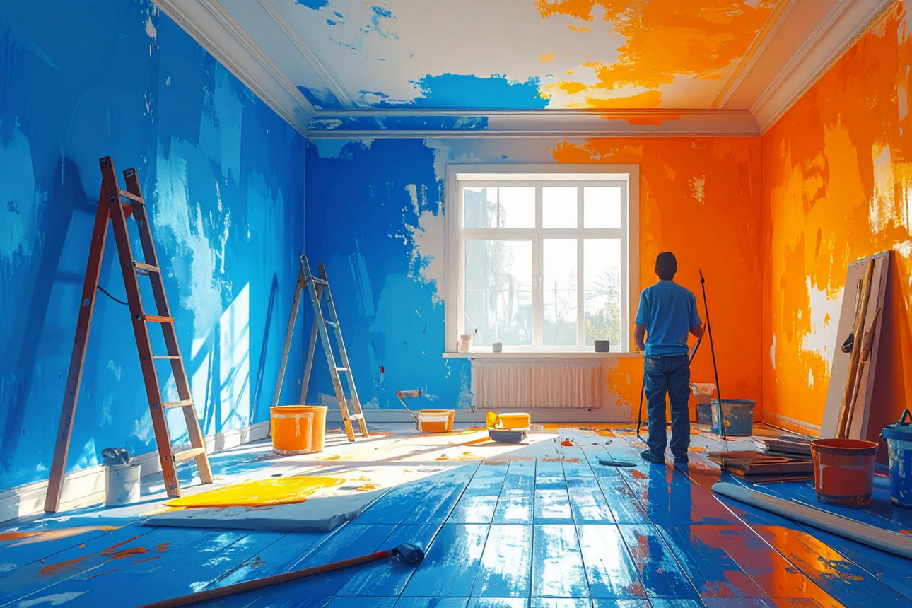 Ein Mann malt in einem Raum die Wände blau und orange an.