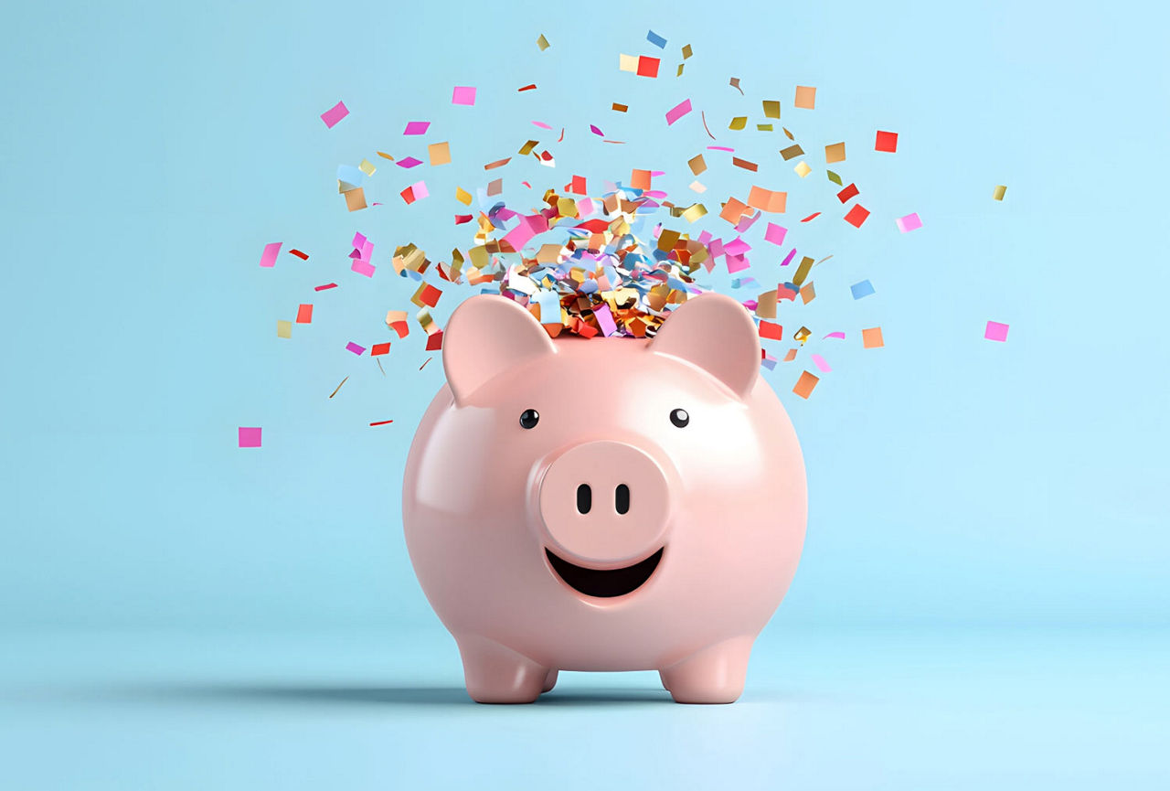 Ein lächelndes rosa Sparschwein vor blauem Hintergrund, aus dem bunte Konfettischnipsel heraussprühen.