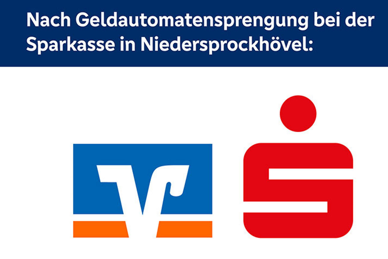 Grafik mit Überschrift zu einem Vorfall, darunter die Logos von Volksbank und Sparkasse auf hellem Hintergrund