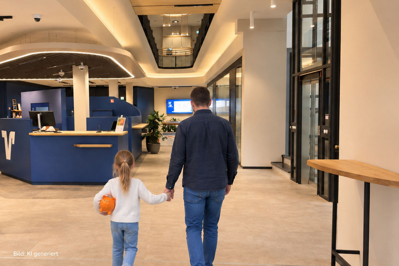 Vater und Tochter gehen Hand in Hand in eine Bankfiliale – ein Motiv für gemeinsames Sparen und finanzielle Zukunftsplanung.