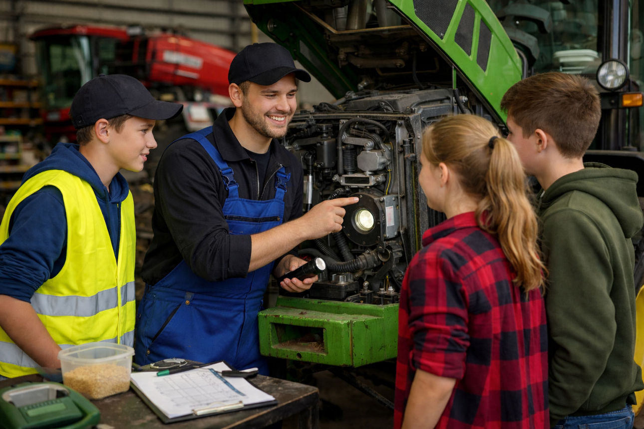 Mechaniker erklärt Jugendlichen Motor in Werkstatt.