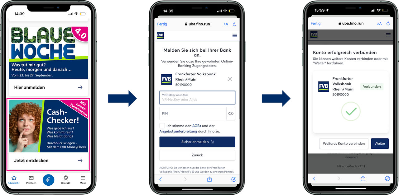 Aktivierung in der App: Scrollen Sie in der Übersicht nach unten. Dort finden Sie den FVB MoneyCheck.