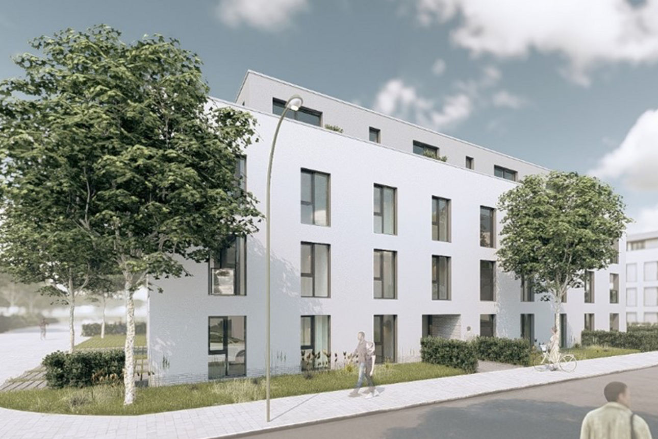 Ein modernes Wohnhaus mit weißer Fassade und großen Fenstern