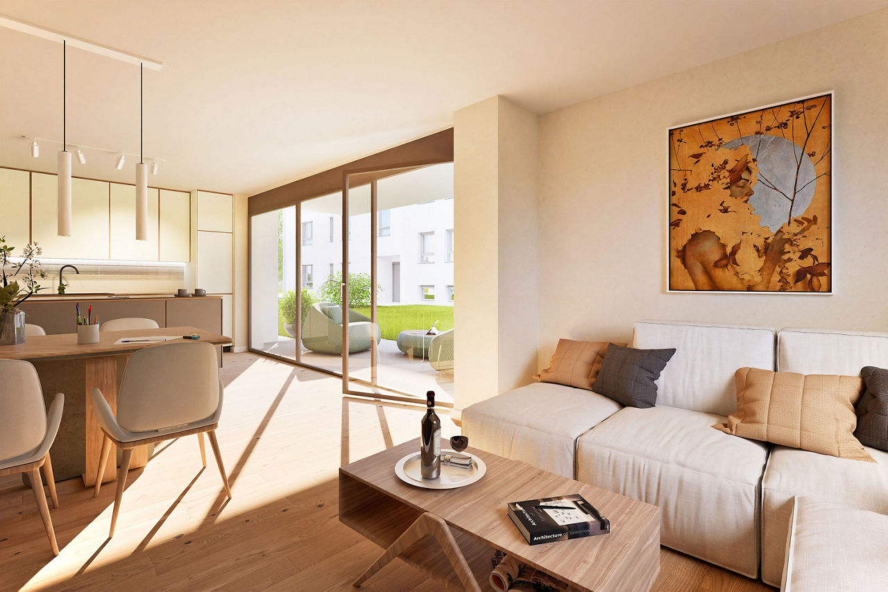 Helles Wohnzimmer mit Essbereich, großen Fenstern und Zugang zum Balkon.