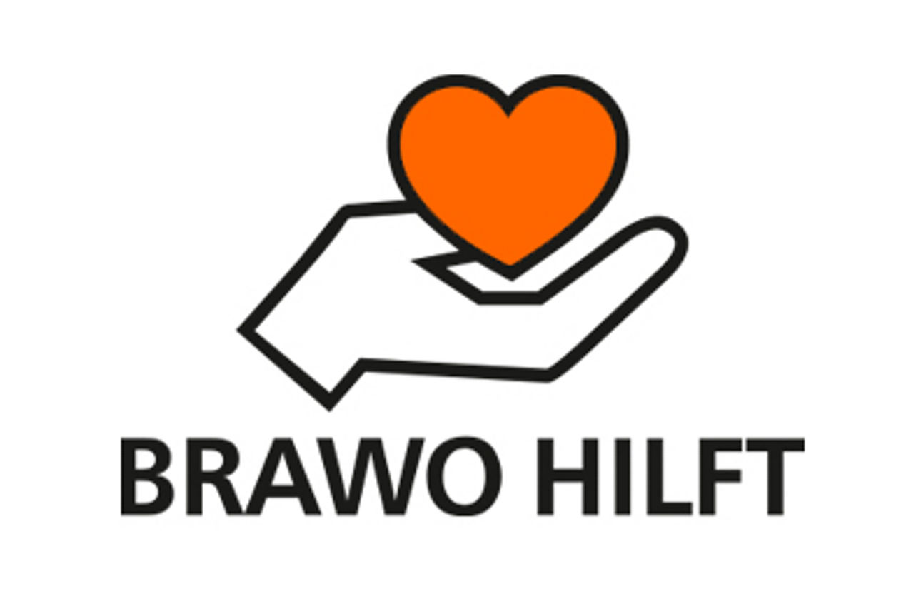 Das Bild zeigt ein stilisiertes Symbol: Eine schwarze Hand, die ein oranges Herz hält. Unter dem Symbol steht in schwarzer Sc