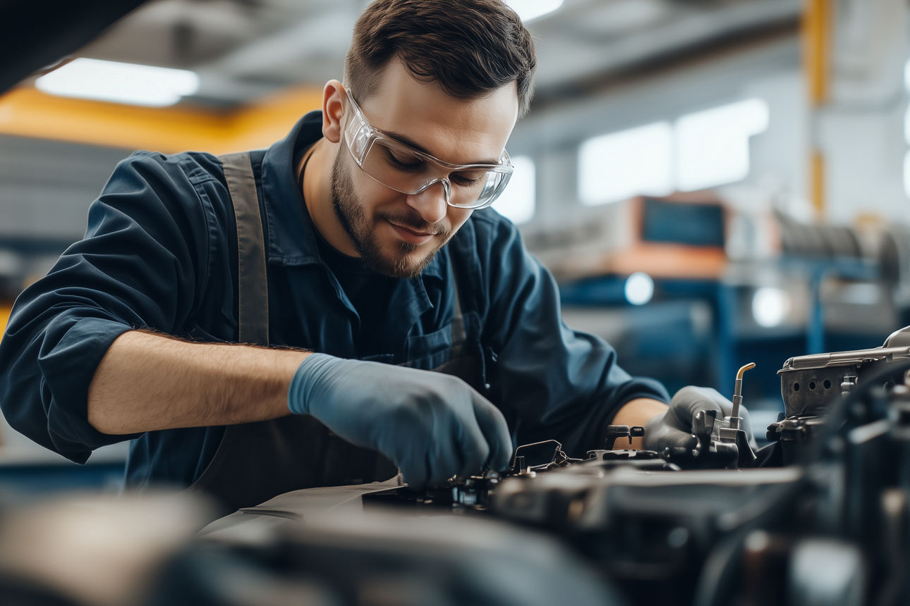 Mechatroniker repariert Motor in moderner Werkstatt