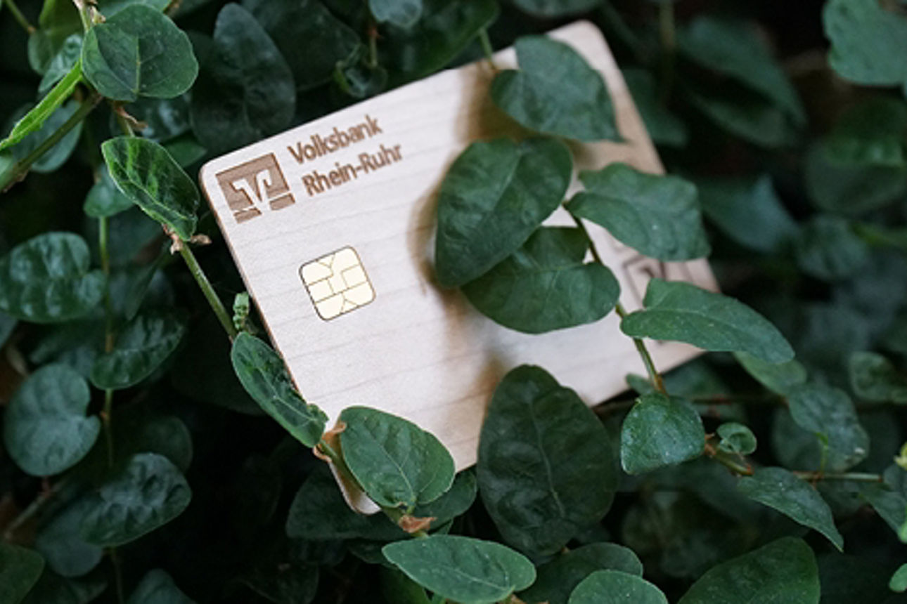 Girocard aus Holz präsentiert in einer Pflanze.