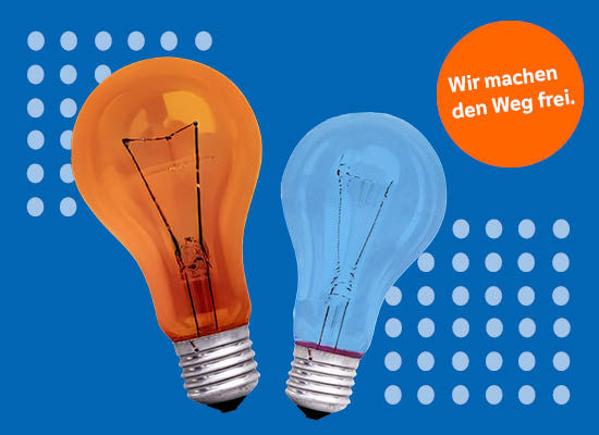 Orange und blaue Glühbirne mit rundem Störer "Wir machen den Weg frei."
