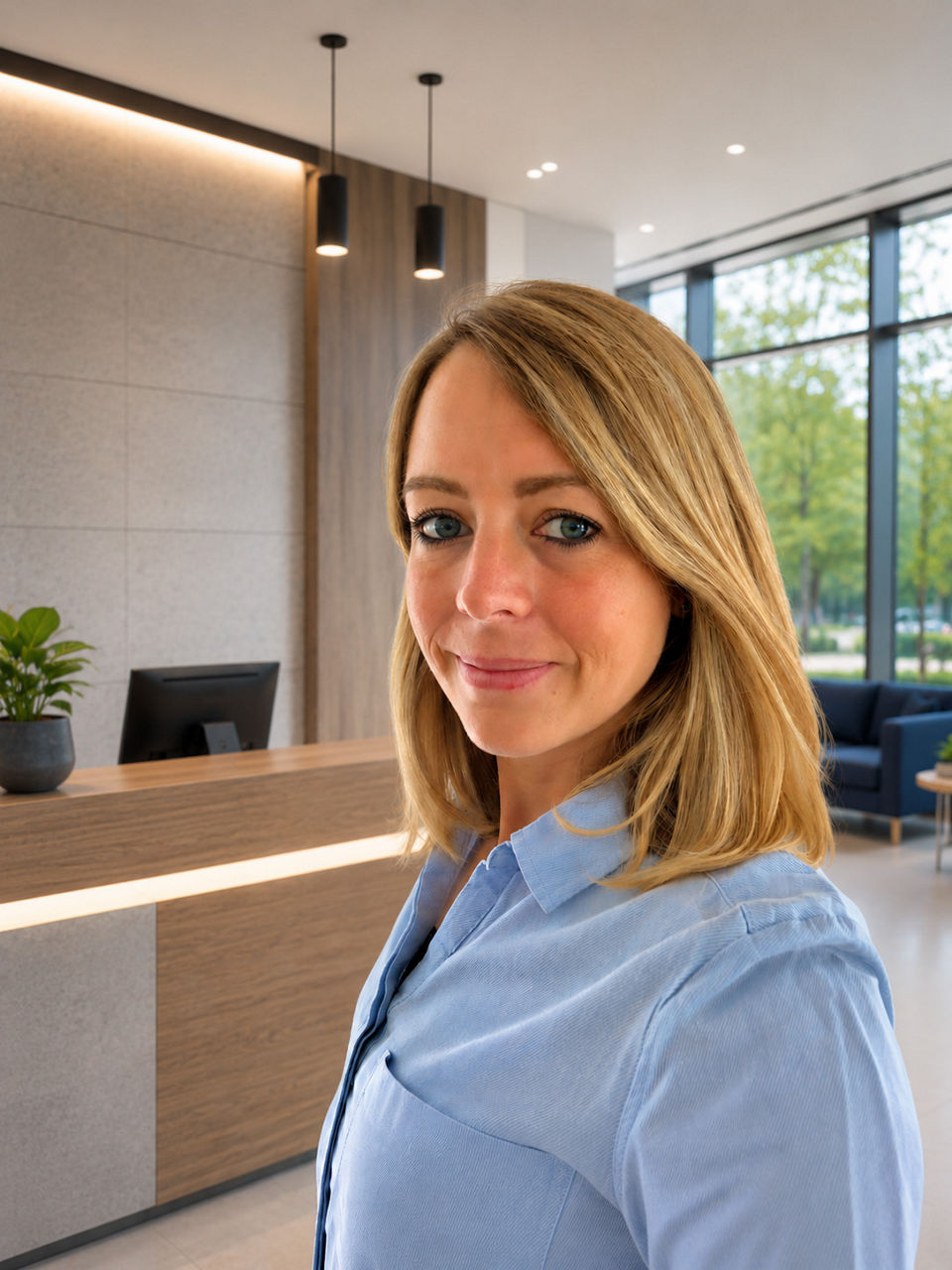 Bild von Verena Jung, lange blonde Haare und trägt eine blaue Bluse