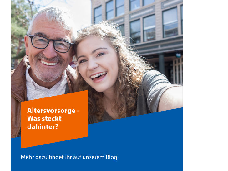 Ein älterer Mann und eine junge Frau lächeln in die Kamera, dazu der Text "Altersvorsorge - Was steckt dahinter?"
