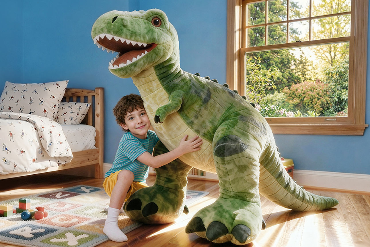 Ein kleiner Junge kniet in seinem Zimmer auf dem Teppich und umarmt einen großen Plüsch-Dinosaurier