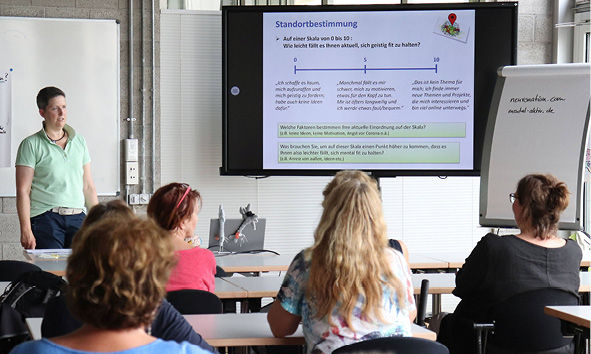 Vier Auszubildende vor einer Metaplanwand