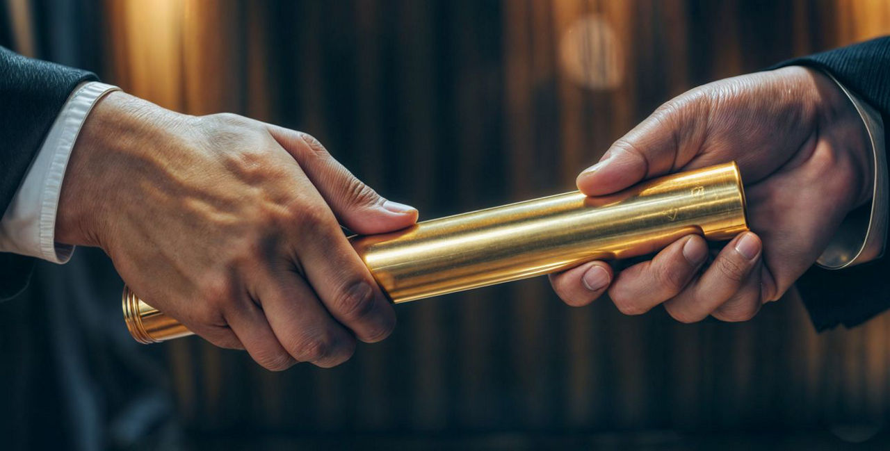 Männerhände übergeben goldenen Staffelstab
