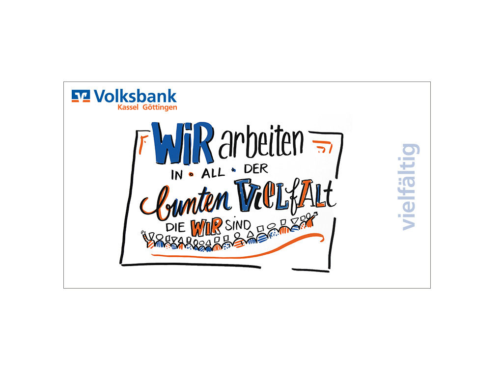 Wir arbeiten in all der bunten Vielfalt die wir sind Schriftzug
