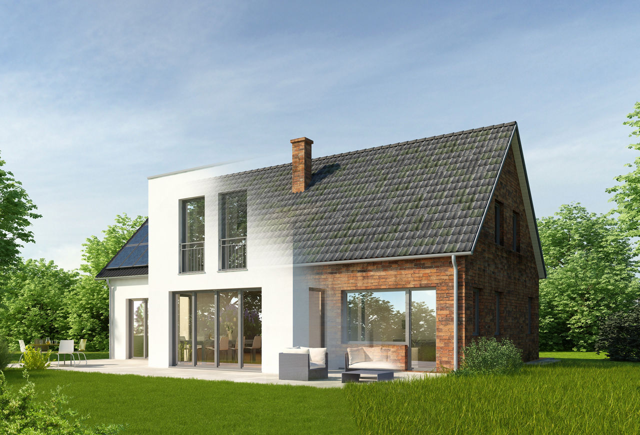 Haus auf der einen Seite saniert und  auf der anderen Seite noch nicht. KI generiert.