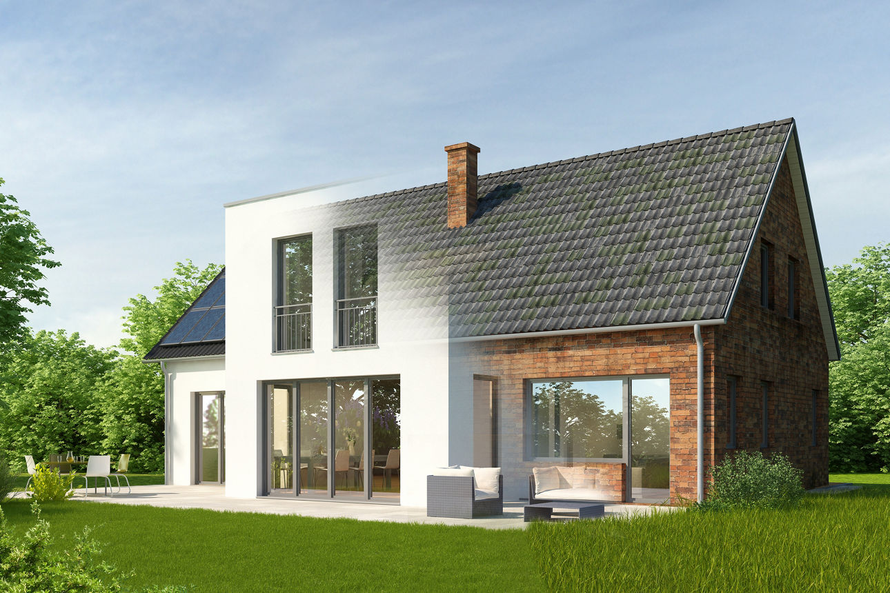 Haus auf der einen Seite saniert und  auf der anderen Seite noch nicht. KI generiert.