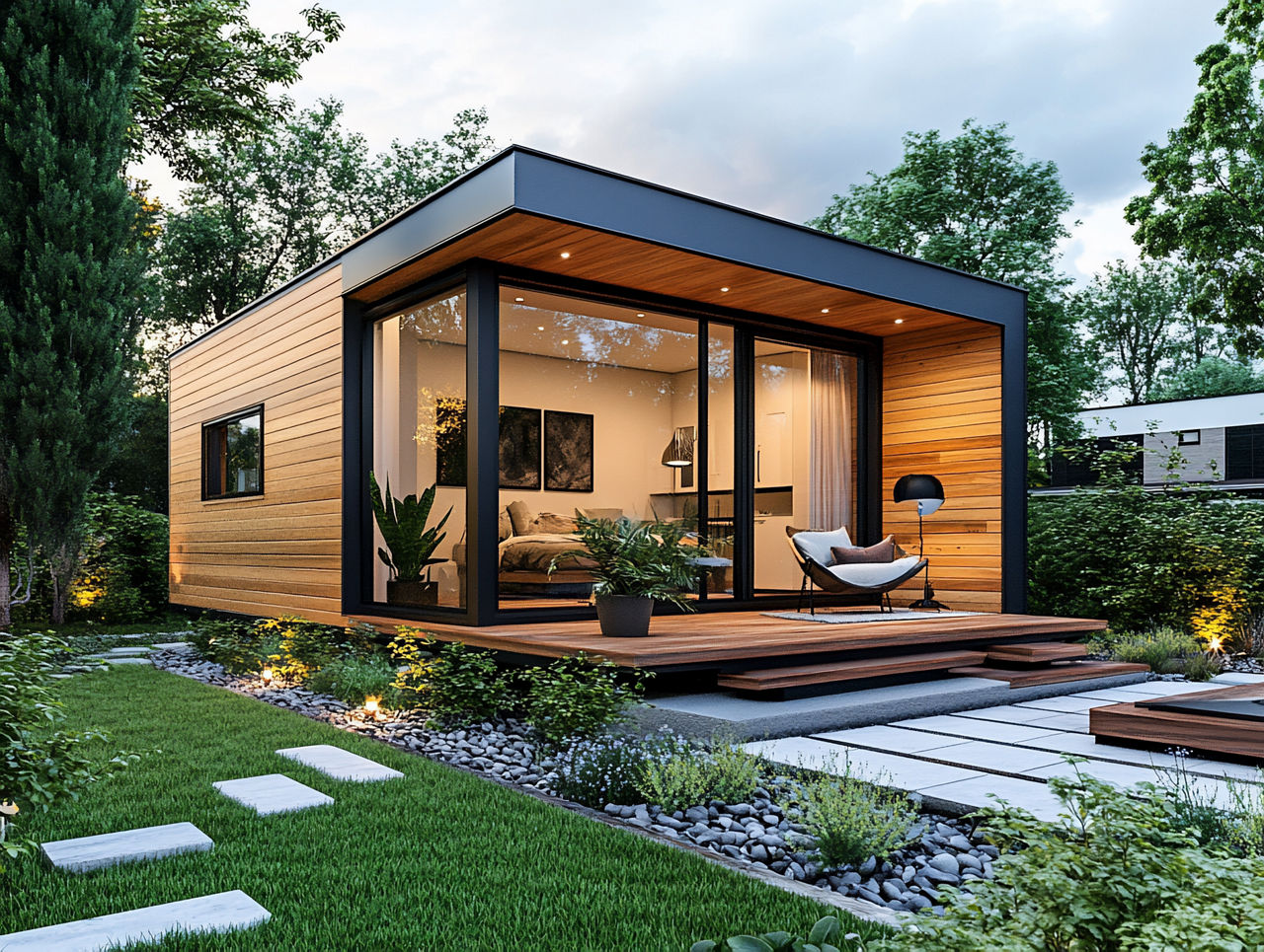 Modernes Tiny House mit hölzerner Fassade, grpßemn Glasfenstern in Gartenumgebung. KI generiert