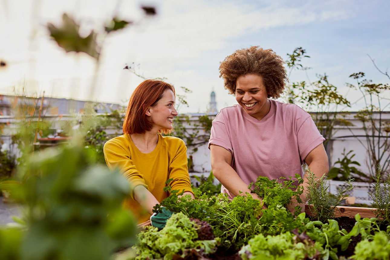 zwei junge Frauen beim Gardening auf einer Dachterasse