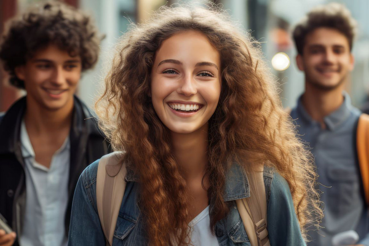 Eine strahlende Frau zuasmmen mit anderen Personen im Hintegrund