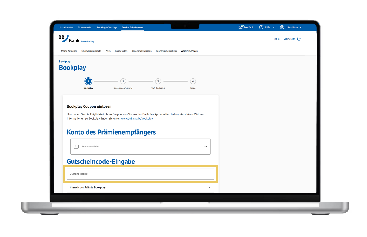 Laptop zeigt Screenshot des BBBank Onlinebankings mit Eingabefeld für Gutscheincode