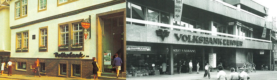 Zwei Gebäudeansichten der Volksbank in Brilon: links das Gebäude mit dem Schriftzug ‚Volksbank Brilon eG‘, rechts das moderne