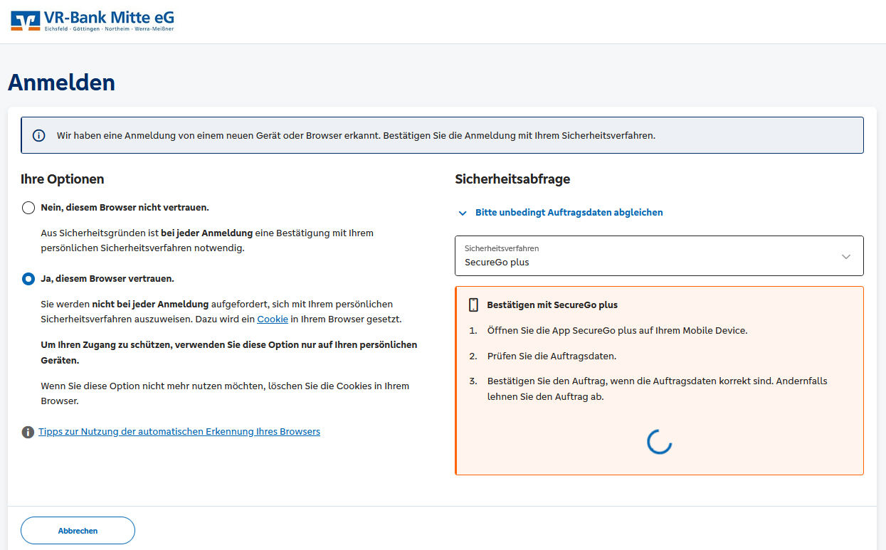 Beispielbild für die Anzeige im OnlineBanking bei Browsererkennung