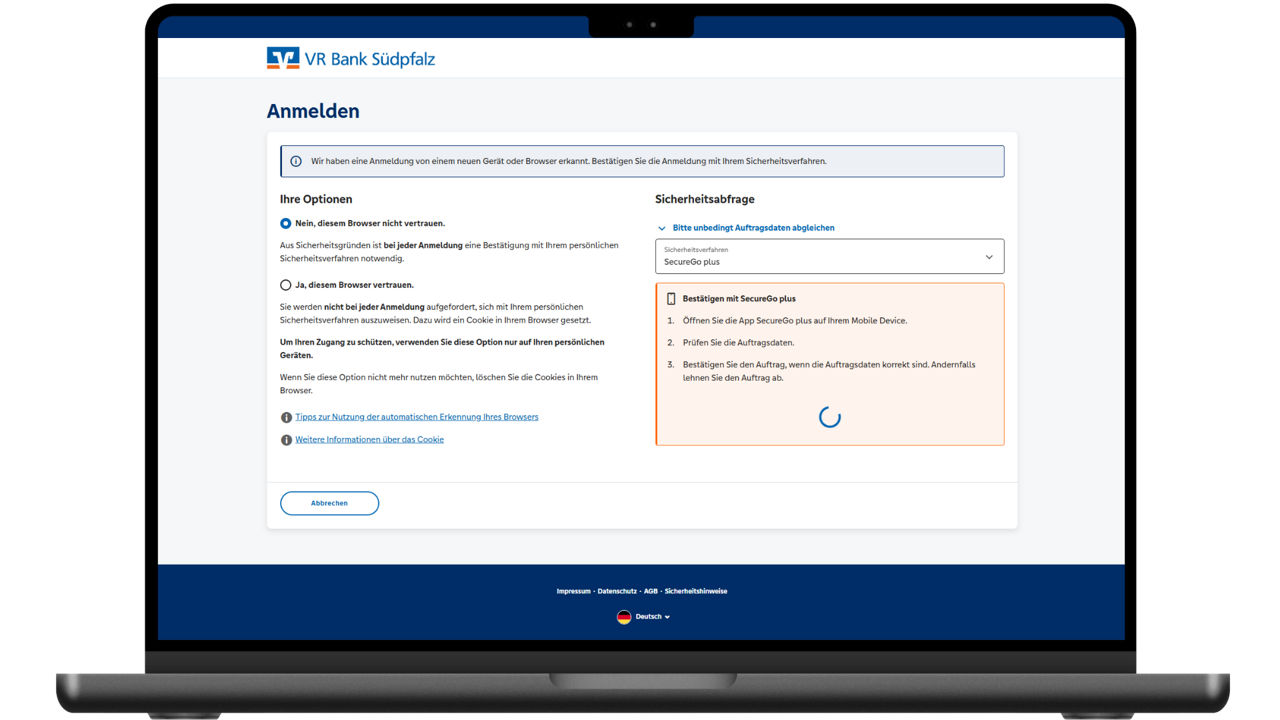 Laptop mit Anmeldemaske zum OnlineBanking und Auswahl der Browsererkennung