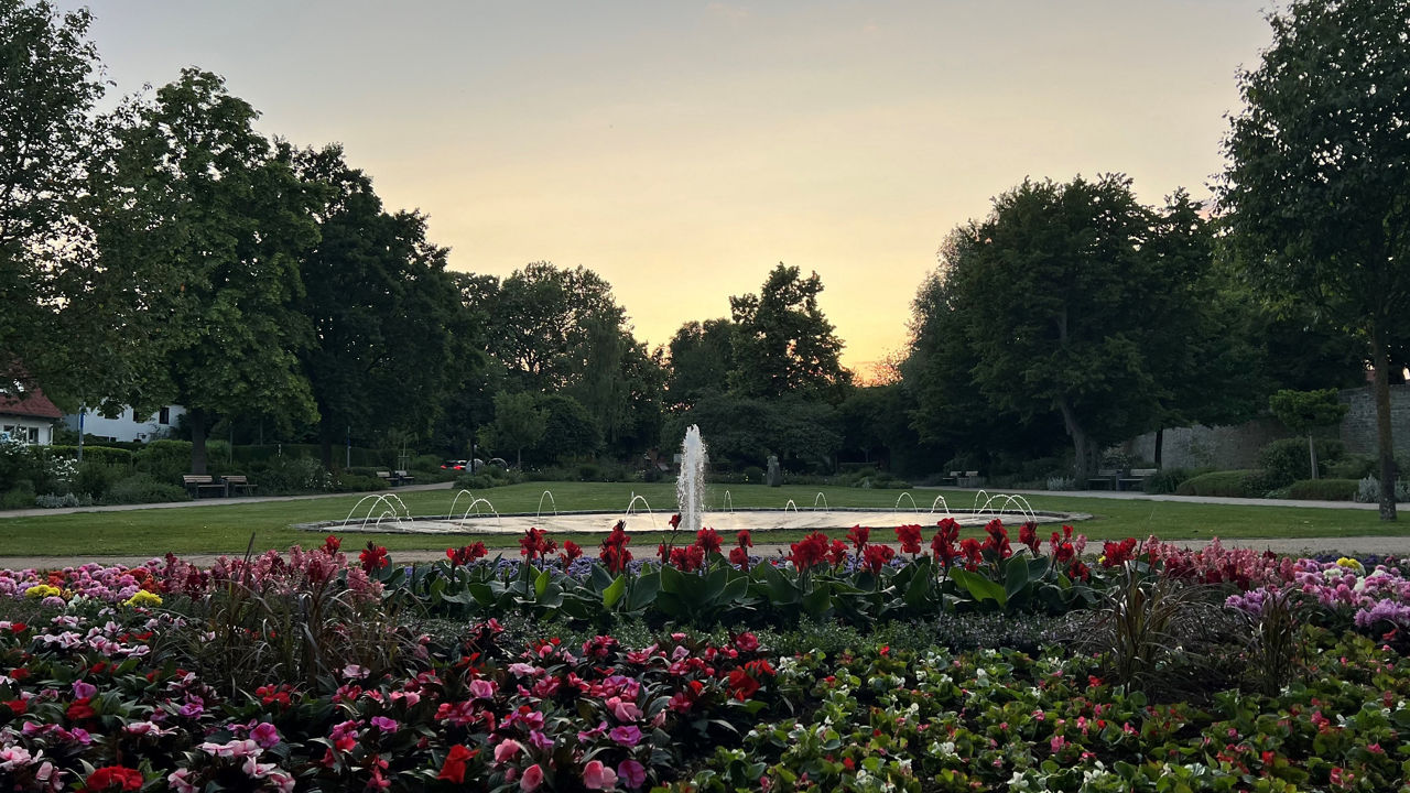 Der Soester Rosengarten und Brunnen bei Sonnenuntergang