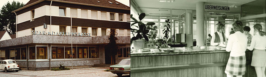 Links das Gebäude der Spar- und Darlehnskasse Büren-Salzkotten mit geparkten Autos, rechts Innenansicht am Beratungsschalter.