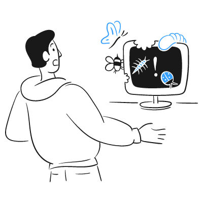 Illustration eines Mannes, dessen PC von Käfern angeknabbert wird.