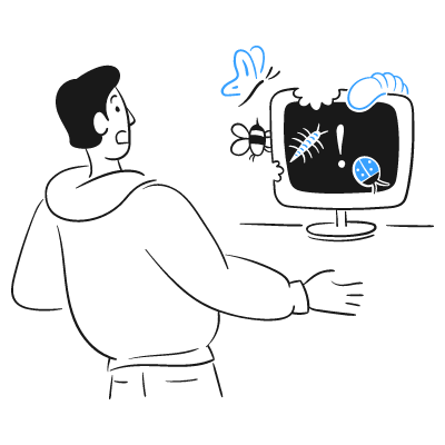 Illustration eines Mannes, dessen PC von Käfern angeknabbert wird.