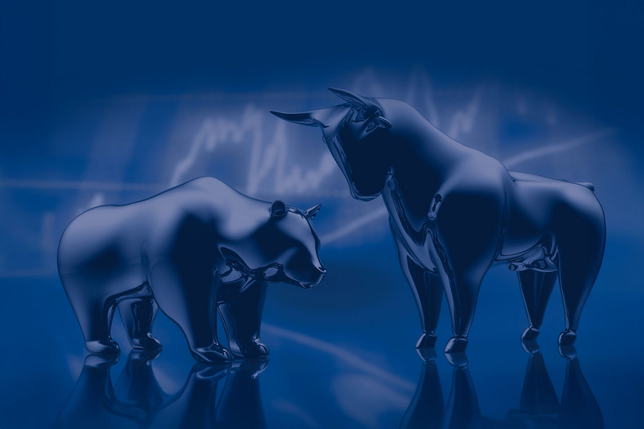 Bulle und Bär als Symbole für positive und negative Kursentwicklungen an der Börse