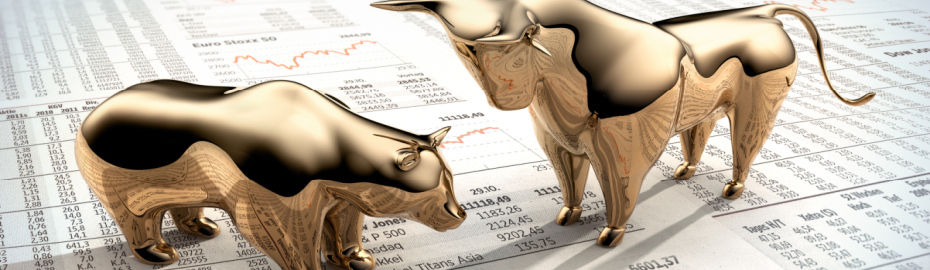 Ein goldener Bulle und ein goldener Bär symbolisieren den Aktienmarkt und stehen für Markttrends und die Stimmung der Anleger