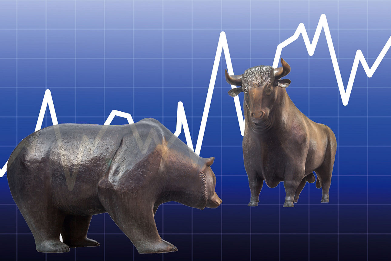 Silouhette Bär uns Stier, im Hintergrund Zahlen und Pfeile