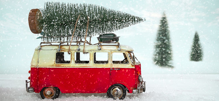 Roter Bullie mit Weihnachtsbaum auf dem Dach in Schneelandschaft