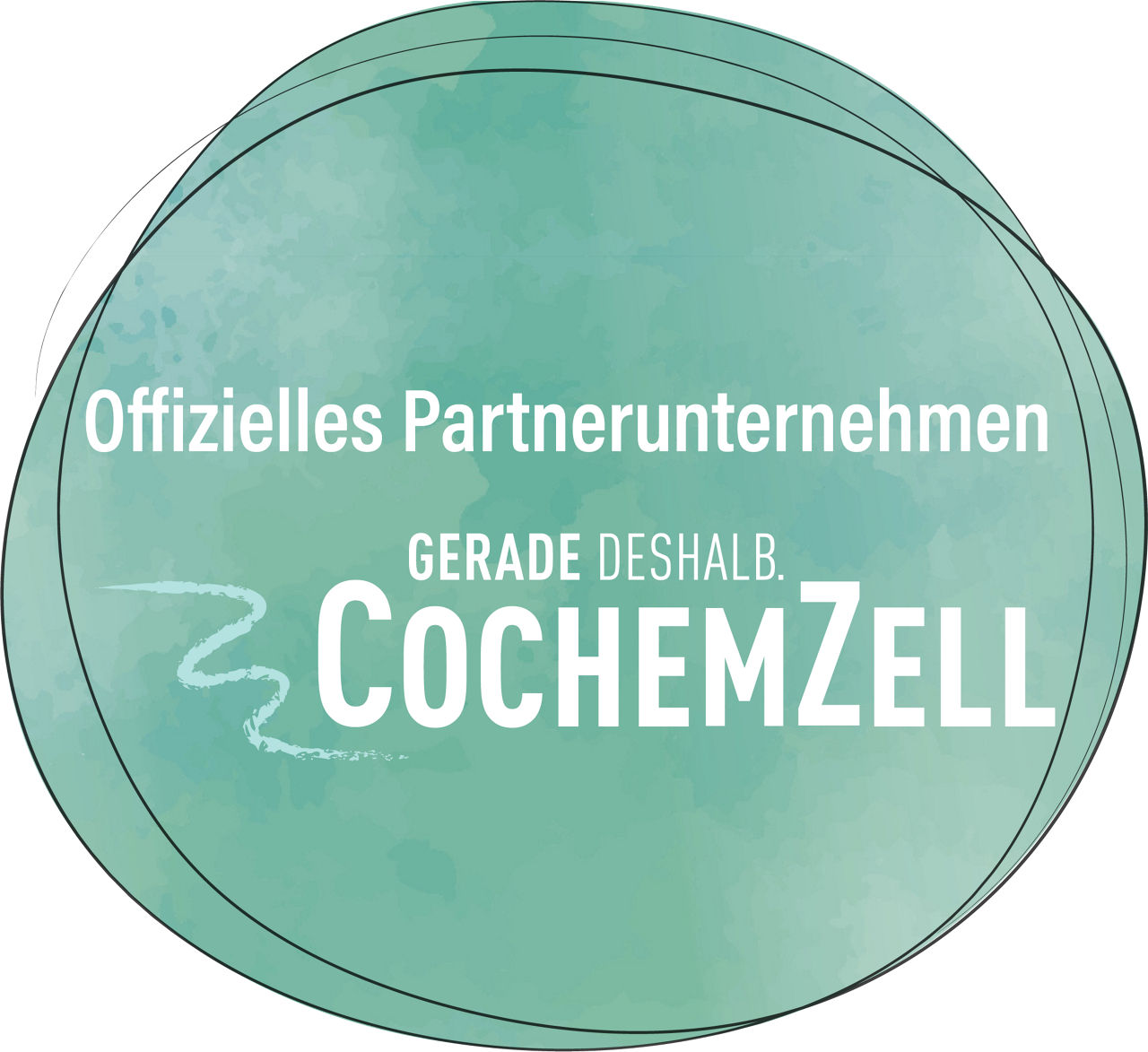 Cochem-Zell-Partner-Siegel: weiße Schrift auf einem zartgrünen Aquarellhintergrund.
