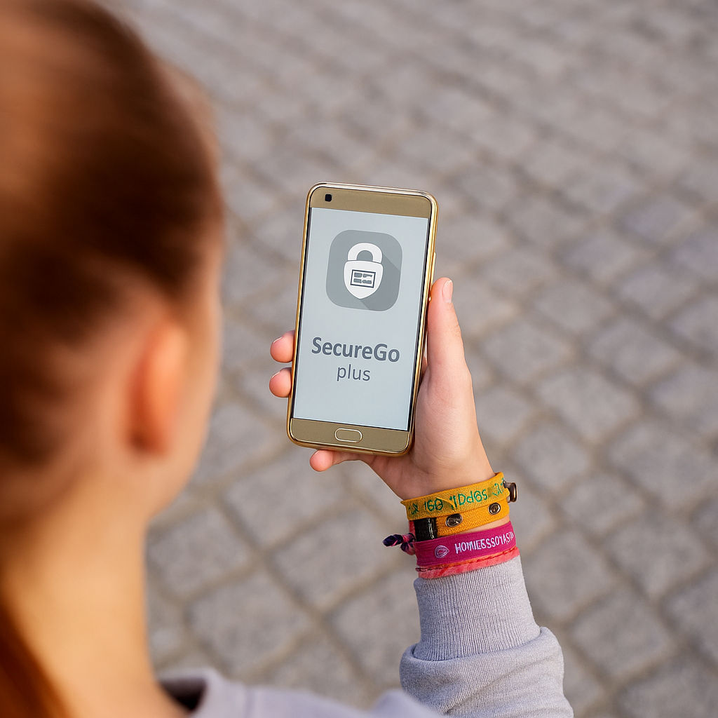 Frau mit einem Smartphone in der Hand, auf der die SecureGo plus App geöffnet ist
