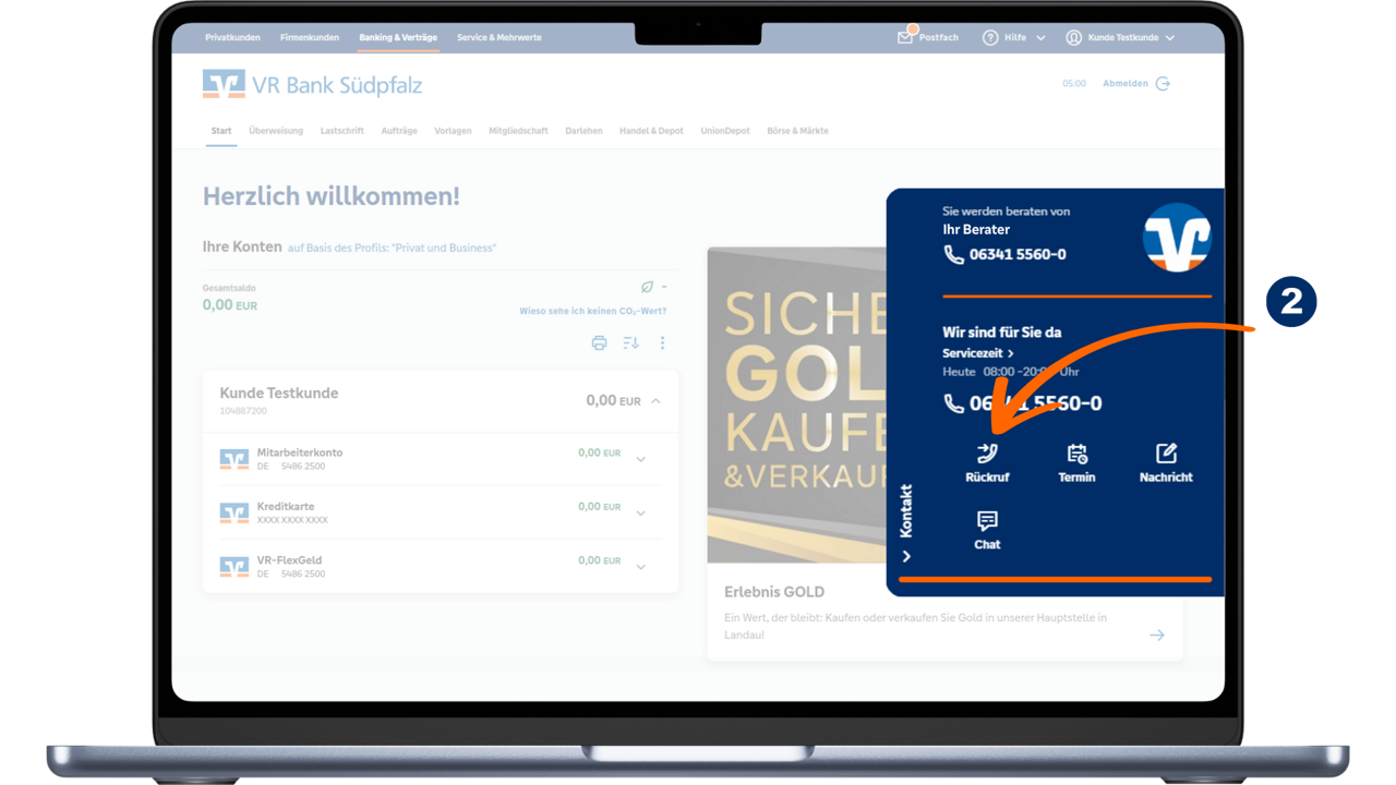 Schaubild zum Auffinden des Rückrufservice in der Kontaktlasche im OnlineBanking