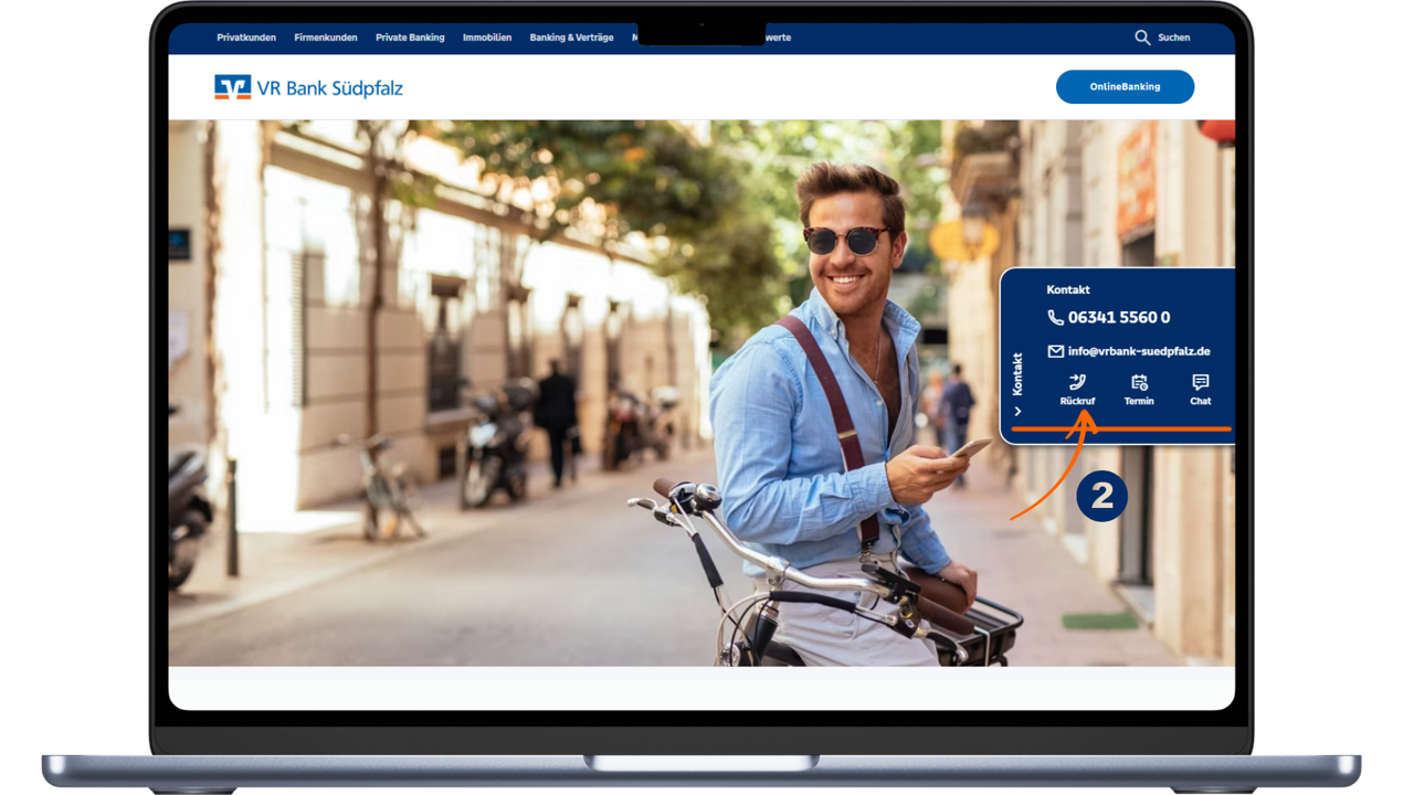 Schaubild zum Auffinden des Rückrufservice in der Kontaktlasche im OnlineBanking