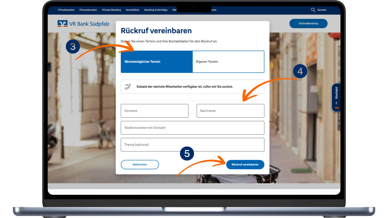 Schaubild zum Auffinden des Rückrufservice in der Kontaktlasche im OnlineBanking