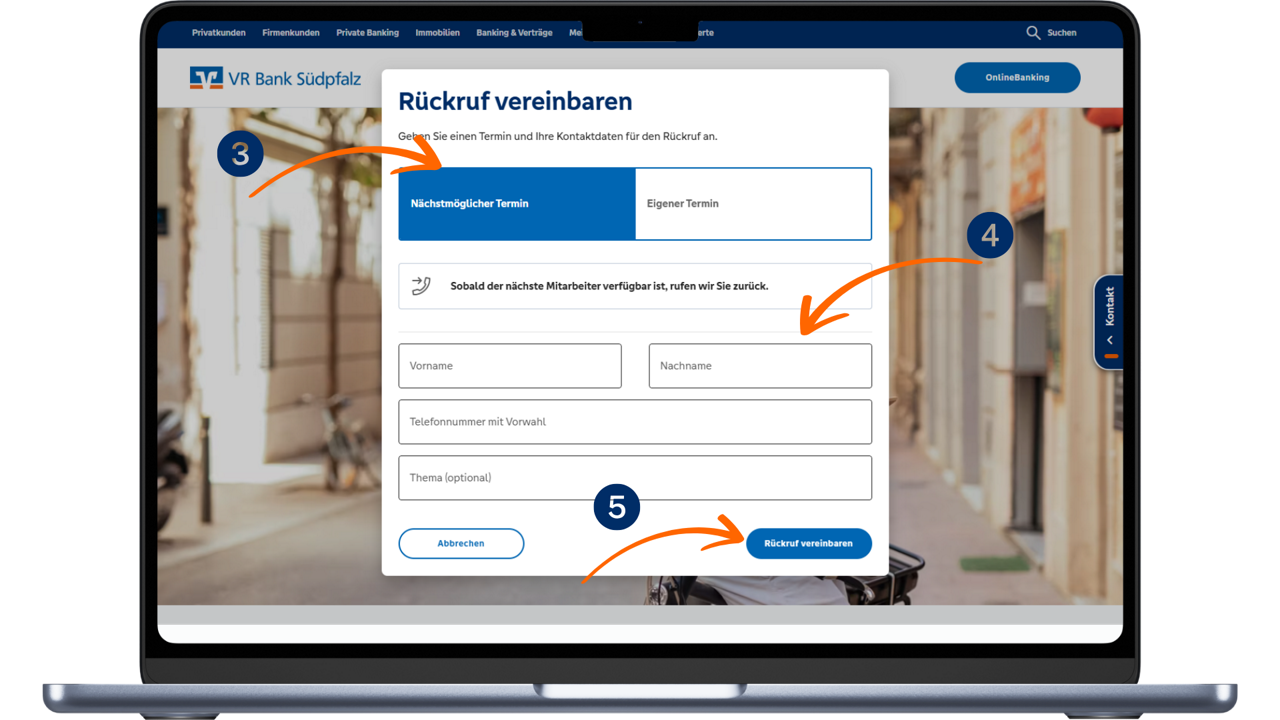 Schaubild zum Auffinden des Rückrufservice in der Kontaktlasche im OnlineBanking