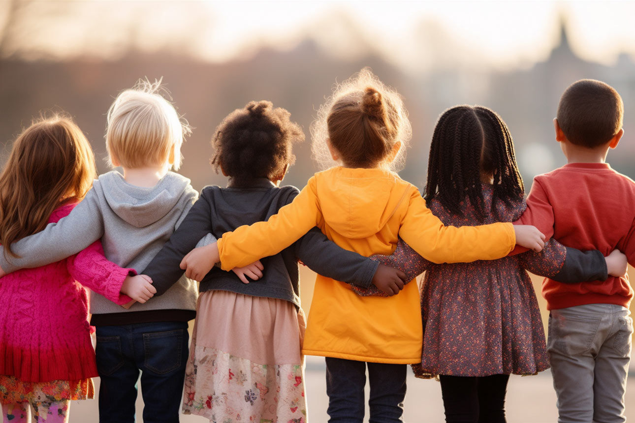 Fünf Kinder stehen draußen nebeneinander, von hinten gesehen, die Arme umeinander gelegt, und schauen gemeinsam in die Ferne im warmen Abendlicht.