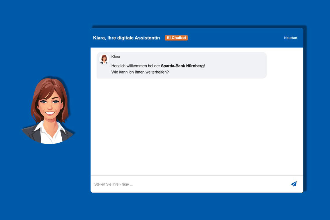 Vorschau des Chatfensters des Chatbots Kiara mit einer Animierten Frauenfigur im linken Teil des Bildes