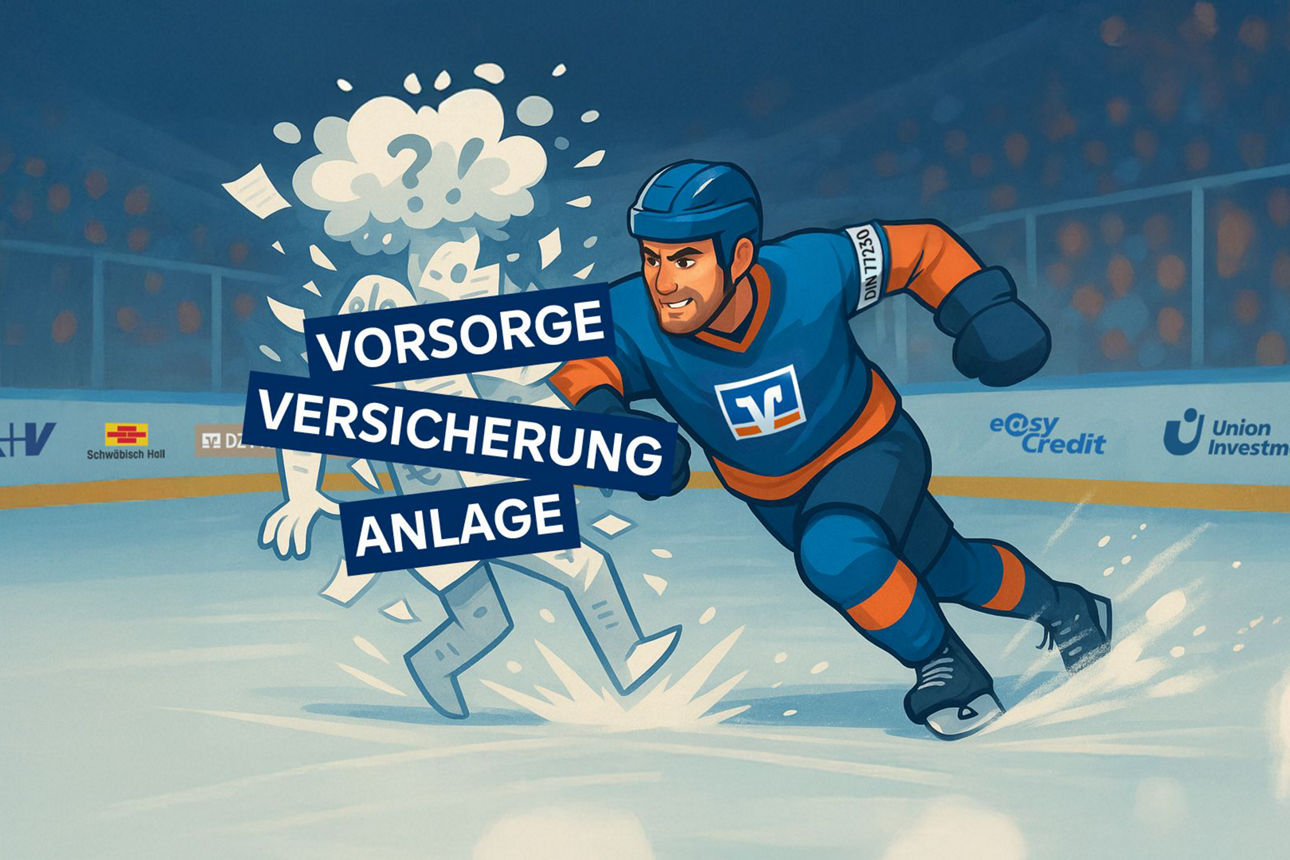 Eishockey-Spieler checkt Papierfigur Text Vorsorge Versicherung Anlage