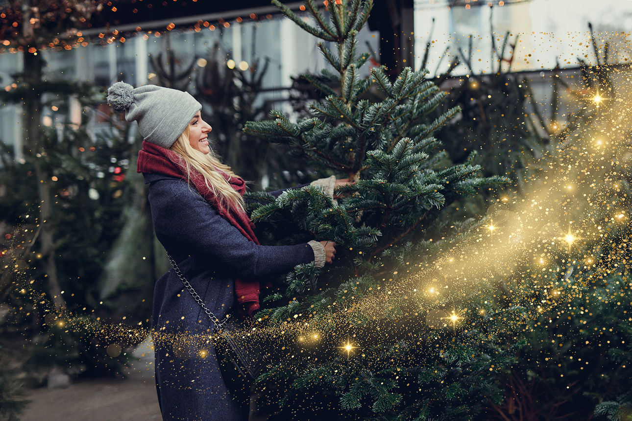 Junge Frau beim Christbaumkauf
