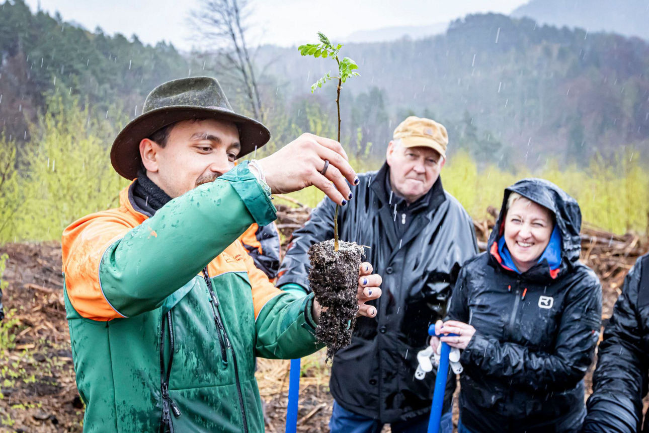 Mann in grün-oranger Outdoor-Kleidung präsentiert Setzling, Mann und Frau im Hintergrund hören freudig zu