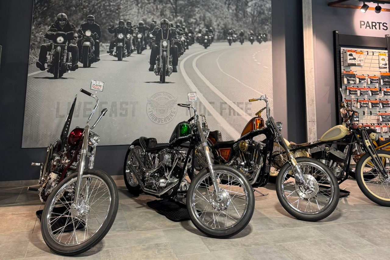 Drei Motorräder von Harley Davidson in einer Ausstellung