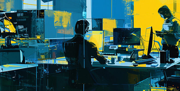 Gemalte Grafik zu Vermögenscockpit. Mann sitzt mit Kollegen im Büro und telefoniert.